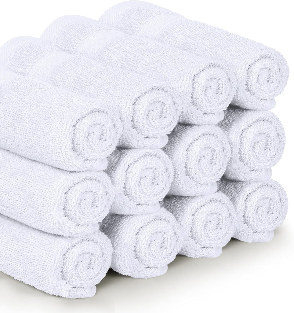 12 Pack Premium Wash Cloths, 12x12 in, 100% Cotton, White