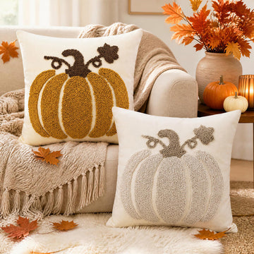 Fall Pumpkin Pillow Covers 18x18 Set of 2, Hand-Tufted 3D Embroidered Punch Needle Throw Pillow Cover, Thanksgiving