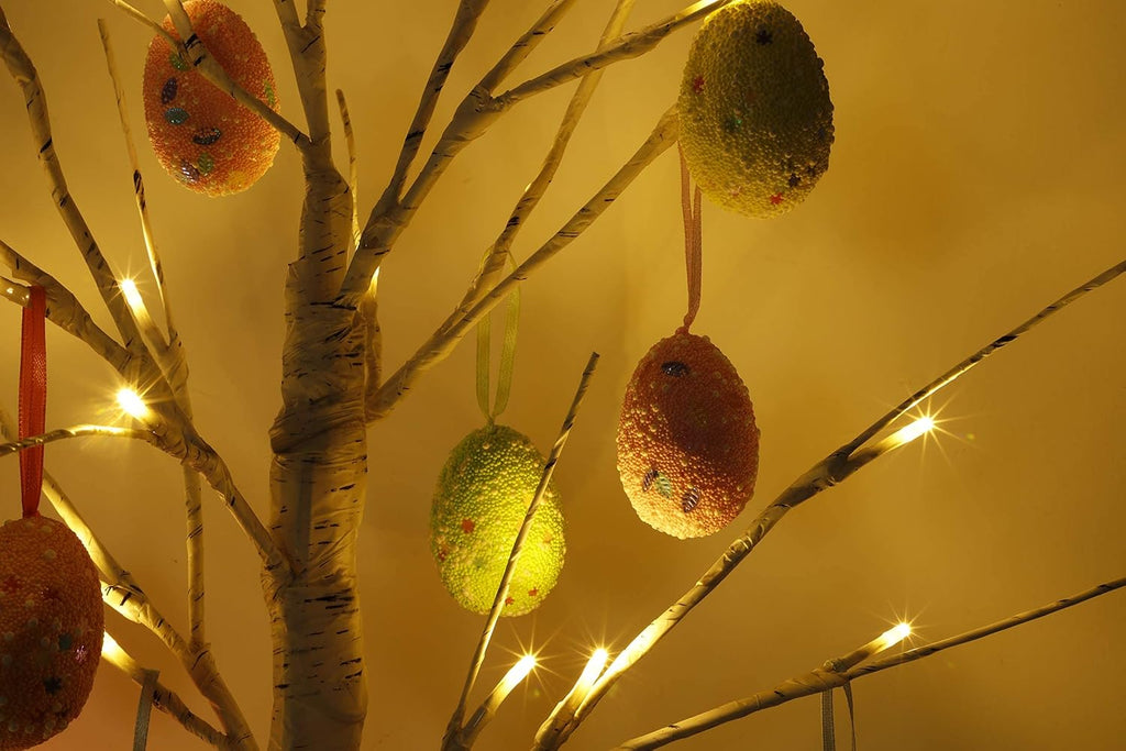 Easter Decorations 24 Inch Pre-lit White Birch Tree with 10 Hanging Easter Egg Ornaments, 24 Led Lights Battery