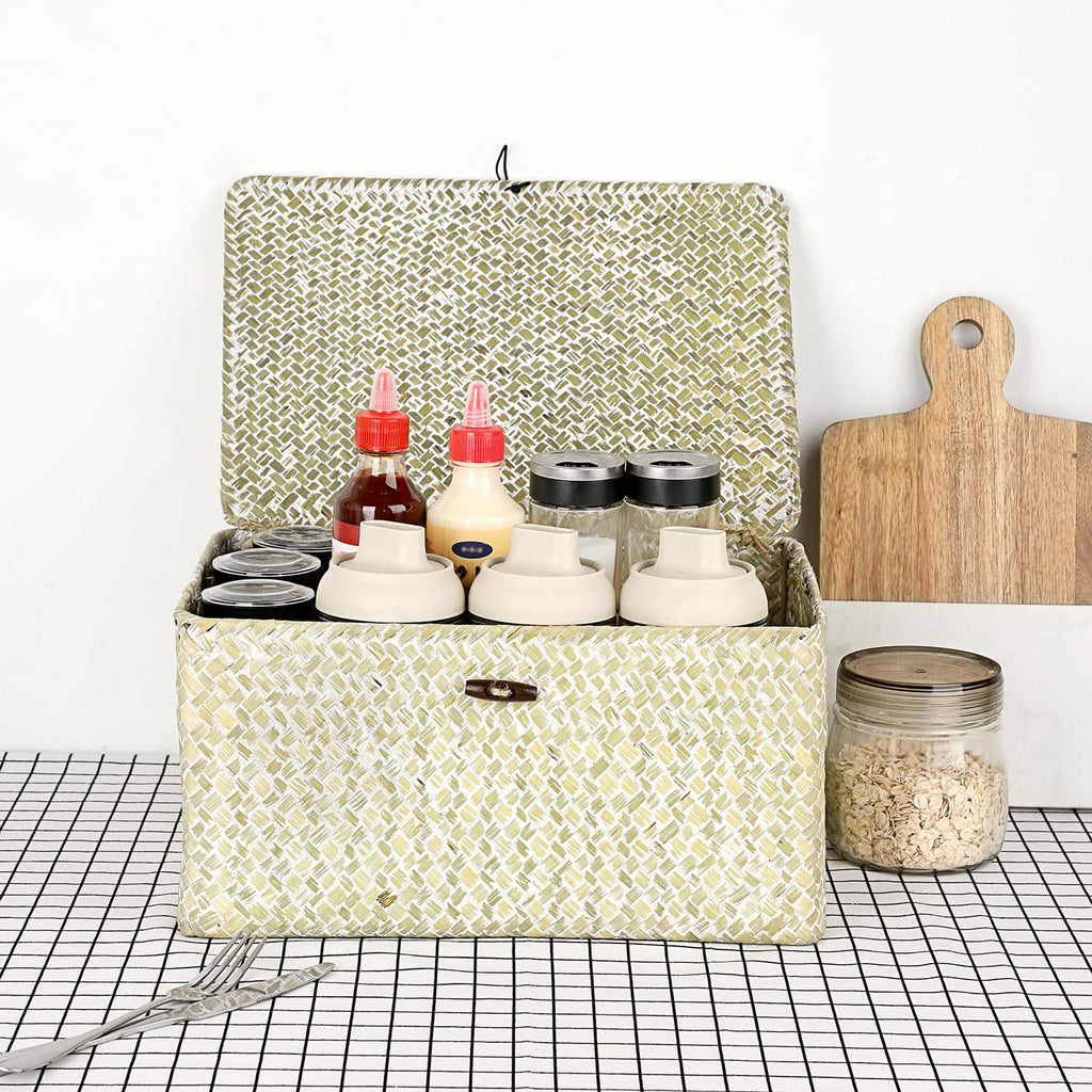 Wicker Shelf Baskets Bin with Lid, Large Seagrass Basket Storage Box