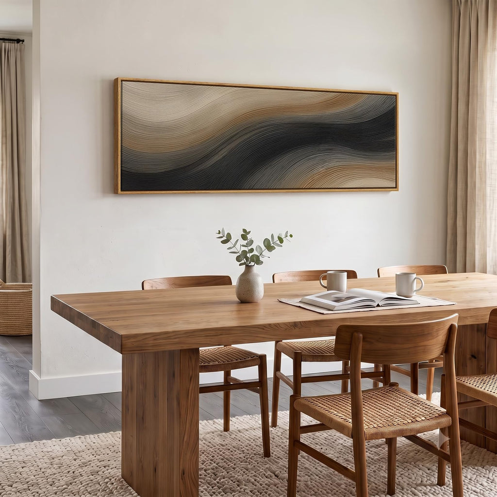 Large Framed Neutral Black Brown Abstract Wall Art 60x20 In