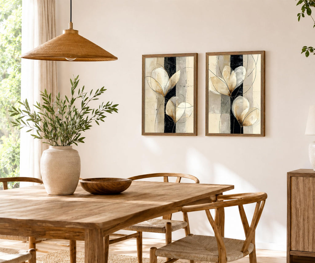 Framed Modern Neutral Black White Abstract Floral Canvas Wall Art Set of 2