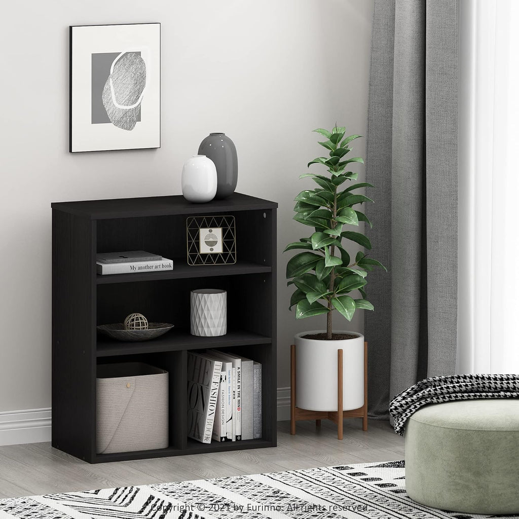 PASIR Book Shelf, 3-Tier Display Bookshelf with Adjustable Shelf, Cube Storage Bookcase, 11.8 x 23.6 x 28.2, Black Oak