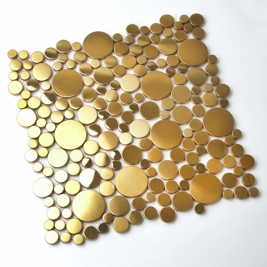 Gold Tile Backsplash Wall Penny Round Bubble Tiles Shower Floor (Box of 5 Sheets)