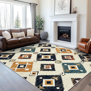 9x12 Western Aztec Rug Southwestern Tribal Navajo Black Beige Tan Area Rug Non Slip Low Pile Thin Large Carpet