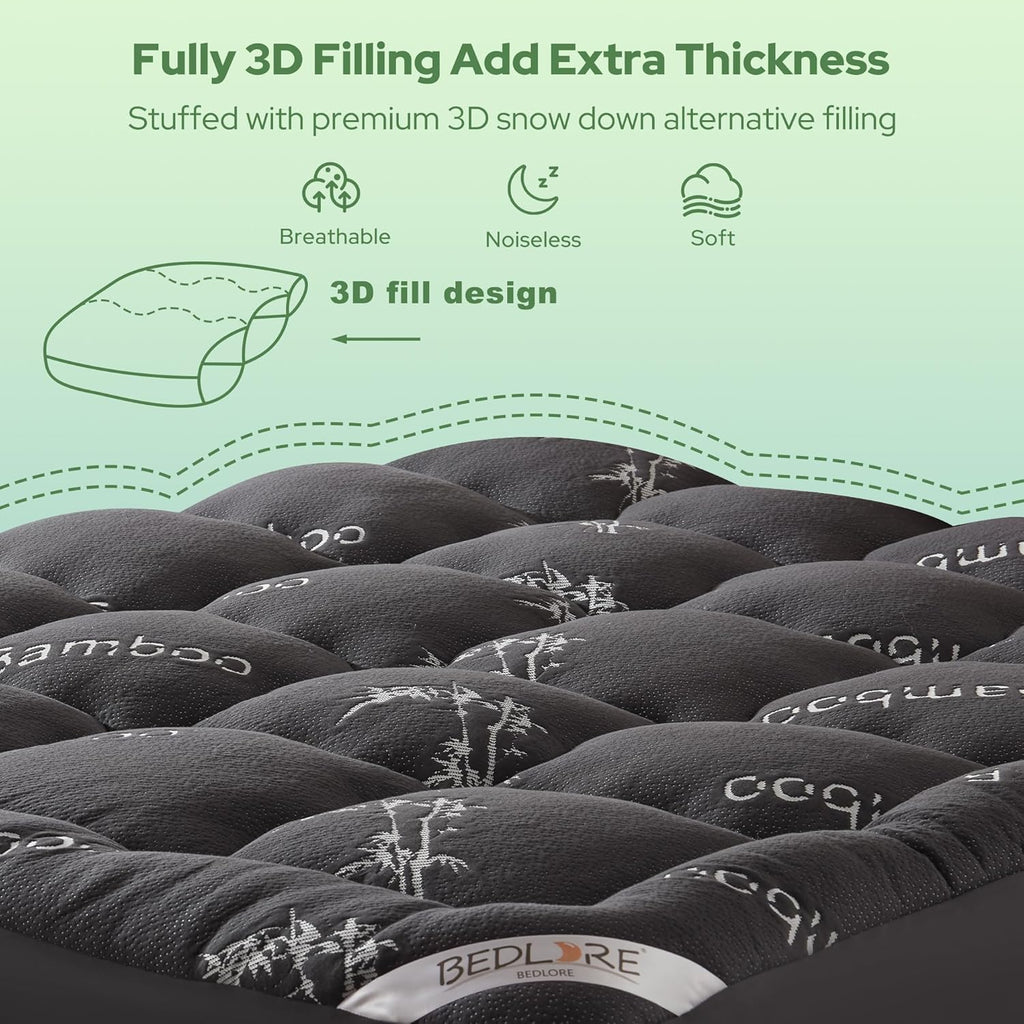 King Mattress Topper Viscose Bamboo, Thick Pillow Top Mattress Pad | Stretchable Pockets Fit 6"-18" Mattress, Soft