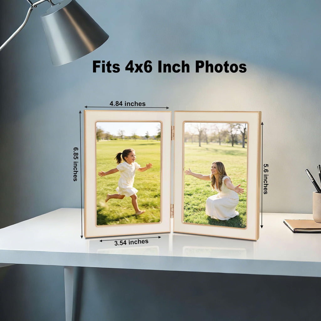 4x6 Double Picture Frame with White Enamel Finish, Gold Edge Metal Hinged Photo Frames, Real Glass Front Velvet Back