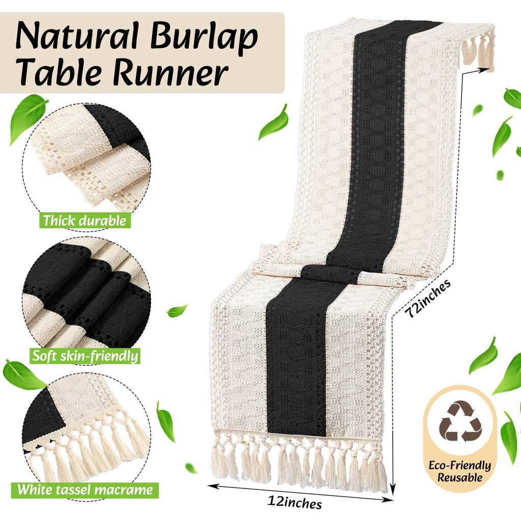 6 Sets Boho Table Runner and Woven Round Placemats Set, Black, 12x72