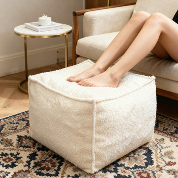 Square Boucle Pouf Ottoman Footrest, Soft & Lightweight Footstool with Foam Filling, Laid-Back Lounge Style