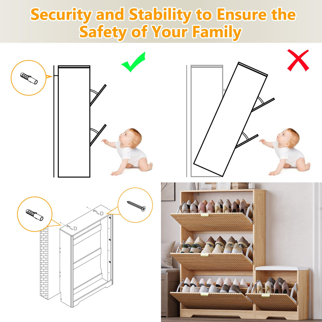 Slim Shoe Cabinet with Bench, Hidden Storage and Adjustable Shelves, Free Standing Wooden Shoes Organizer, Foyer