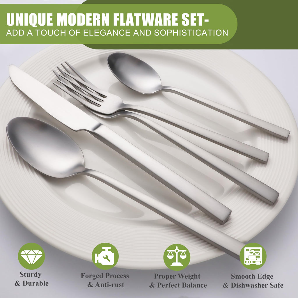 Forged Silverware Set for 8, Stainless Steel Matte Flatware Sets