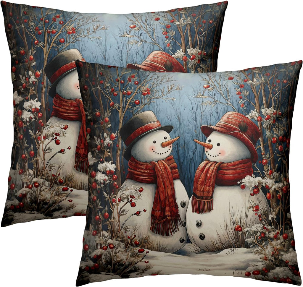 Winter Snowman Pillow Covers, Xmas Tree Red Berry Cotton Pillowcases 18x18 Inch, Snow Scene Double Sided - Set of 2