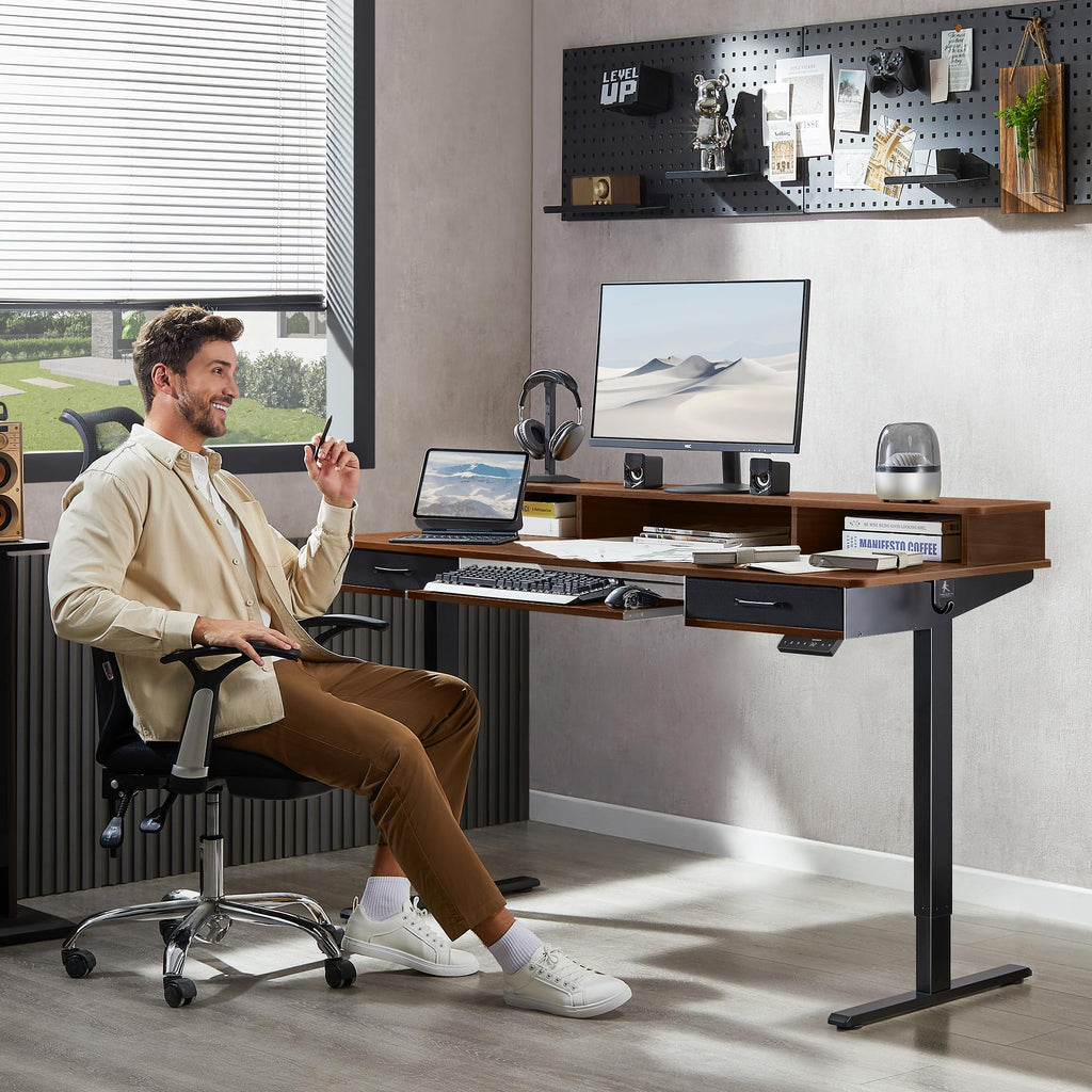 55 Inches Electric Standing Desk with Keyboard Tray, Height Adjustable Sit to Stand Table with 2 Drawers, Ergonomic