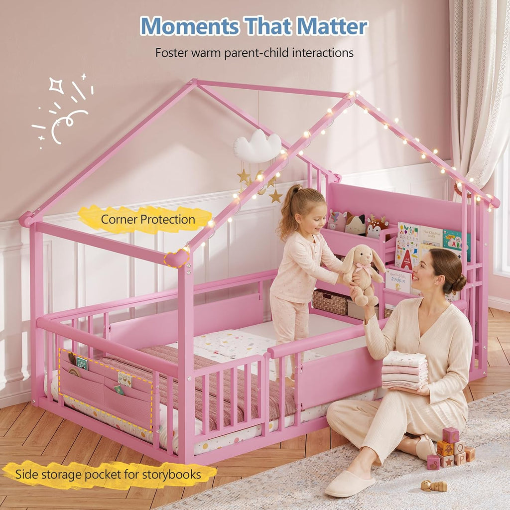 Floor Bed with Storage Bookshelf and Globe String Lights House Montessori Floor Bed for Girls with Safety