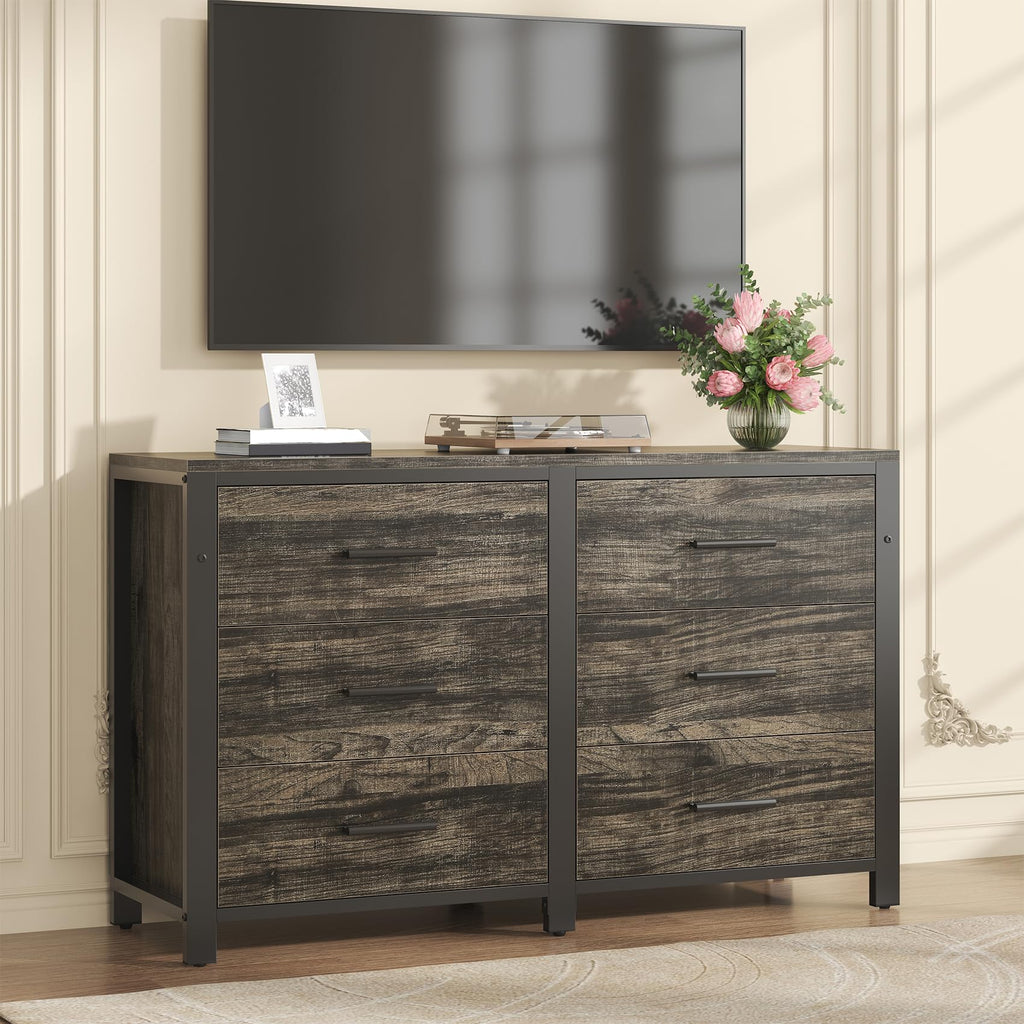Dark Rustic Dresser, Wide Wood Dressers Furniture with 6 Wooden Drawer and Metal Frame, TV Stand with Deep Drawer