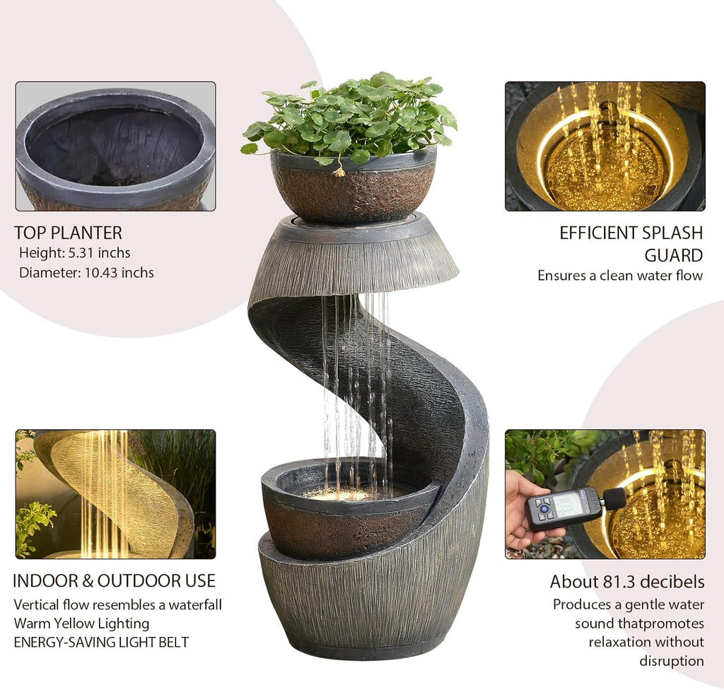 31.9" S-Shaped Water Outdoor Fountain - Modern Cascading Waterfall Feature with LED Lights & Planter Bowl