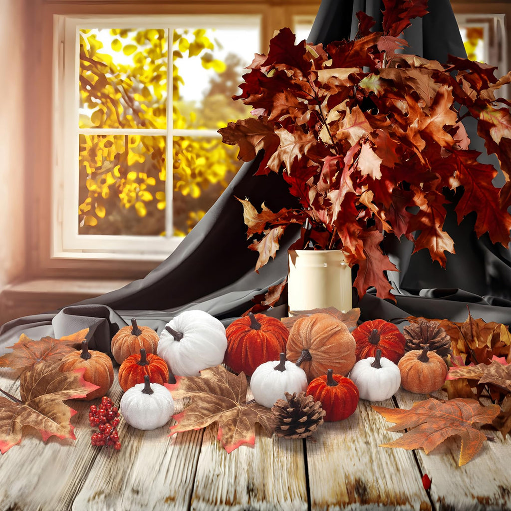 21 PCS Fall Artificial Velvet Pumpkins Set, Fake Fabric Pumpkins Faux Foam Pumpkin, Orange Khaki White Pumpkin