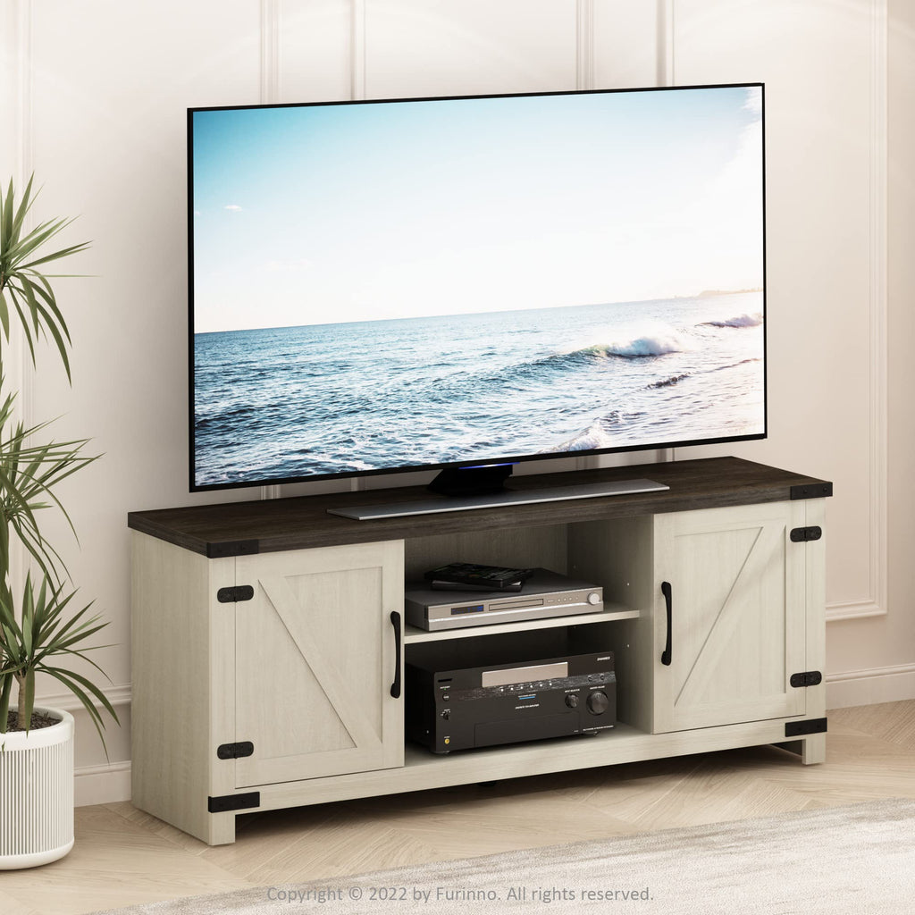 Jensen Farmhouse Barn Door Living Room TV Stand with Storage Cabinets for TV up to 70 Inch, Ebony/White Wash