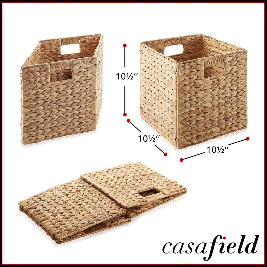 10.5" x 10.5" Water Hyacinth Storage Baskets, Natural - Set of 6 Collapsible Cube Organizers, Woven Bins, Laundry