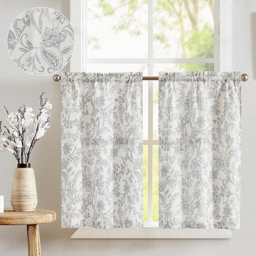 Floral Kitchen Tier Curtains 24 Inch 2 Panels Grey on Beige