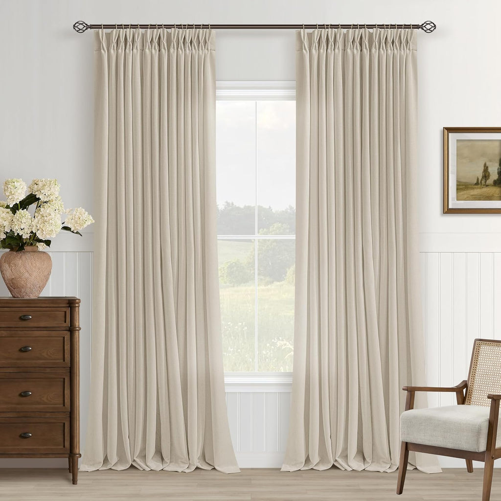 105 Inch Linen Curtains Pinch Pleated 2 Panels for Living Room Dining Light Filtering Semi Sheer Memory Trained Pinch