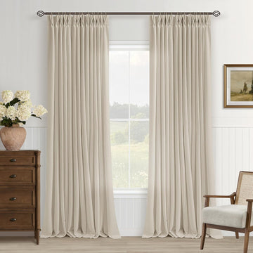 105 Inch Linen Curtains Pinch Pleated 2 Panels for Living Room Dining Light Filtering Semi Sheer Memory Trained Pinch