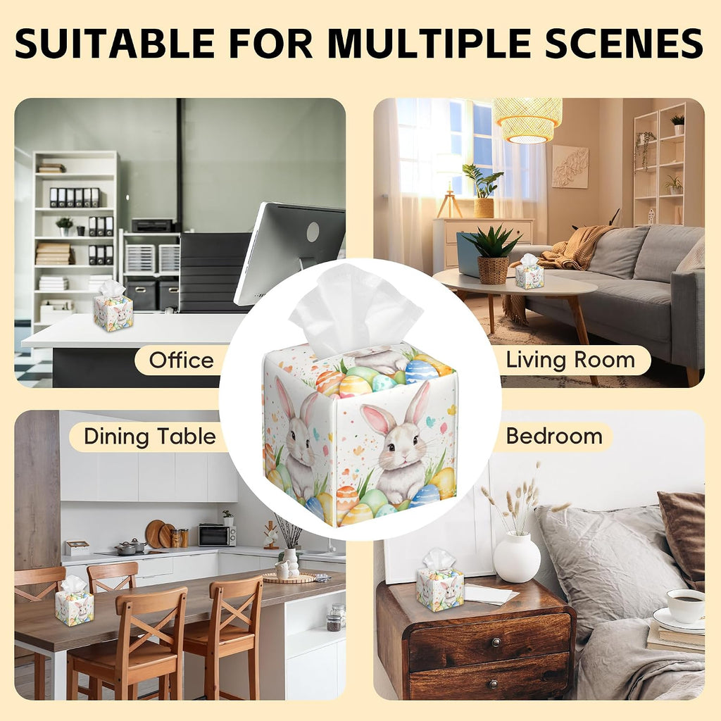 Tissue Box Cover Square,Cute Easter Rabbit and Eggs Tissue Box Holder Waterproof Leather Facial Paper Case Modern