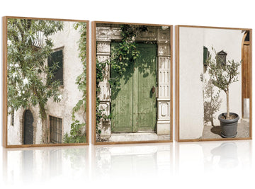 Vintage Italy City Landscape Framed Canvas Wall Set Of 3, Minimalist Country Wall Decor, Nature Green Olive Tree Wall