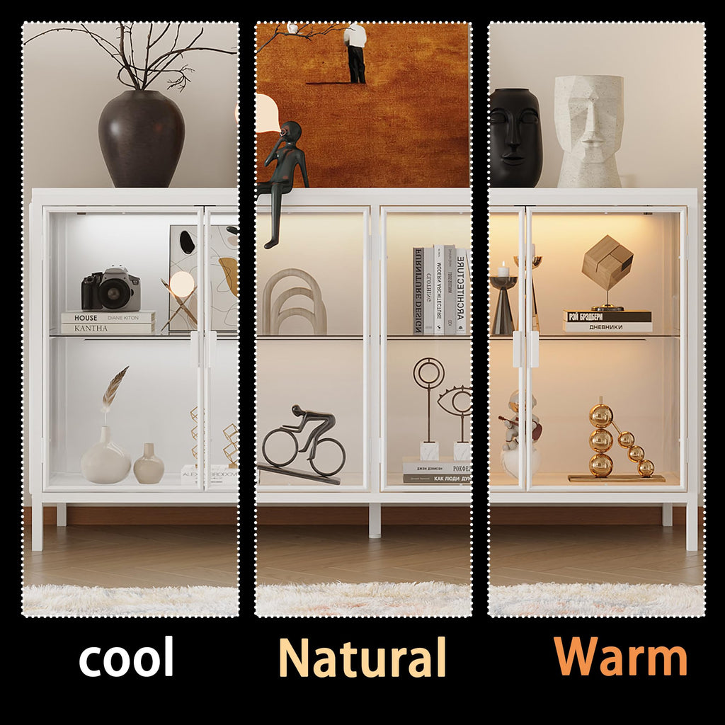 Glass Buffet Cabinet with Metal Frame & 3-Color Light, 55" W White