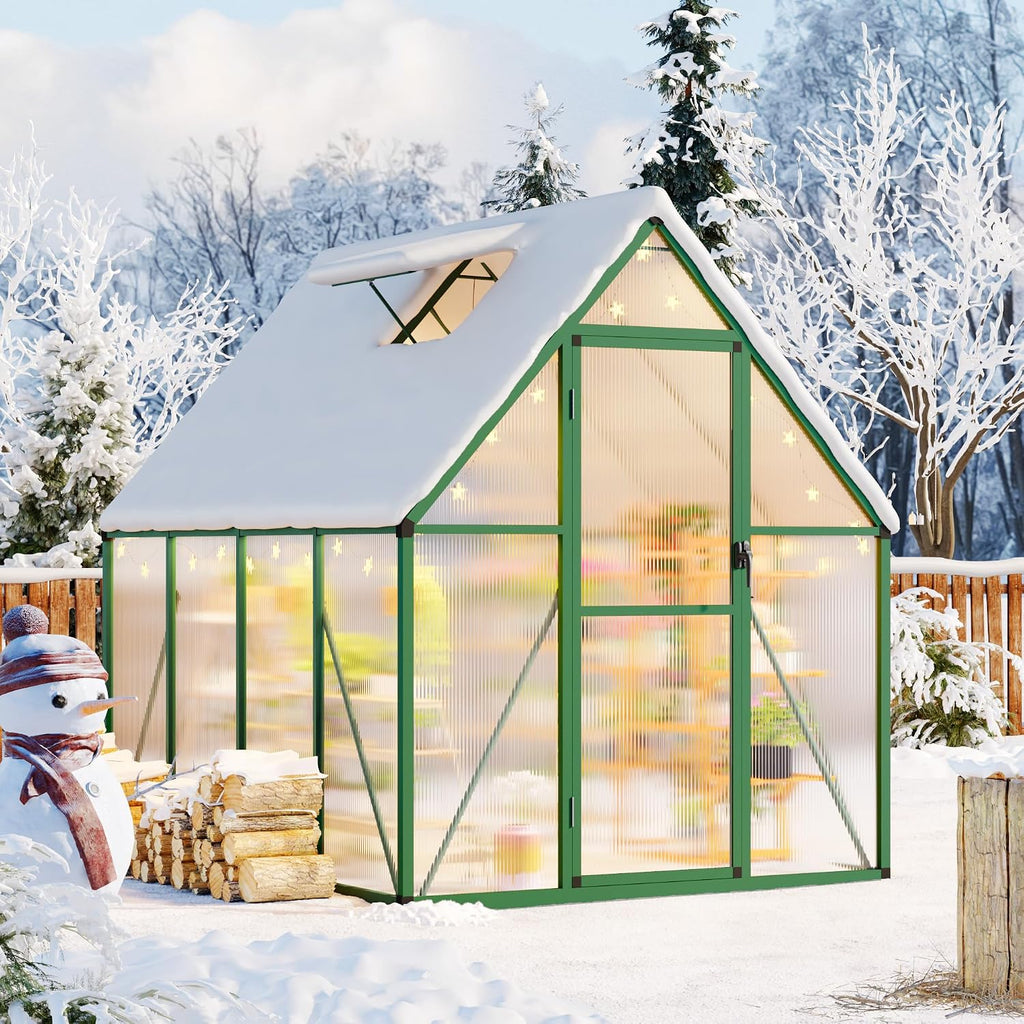 8x12 FT Outdoor Greenhouse, Polycarbonate Greenhouse with Roof Vent and Ground Nails, Aluminum Large Walk-in Green