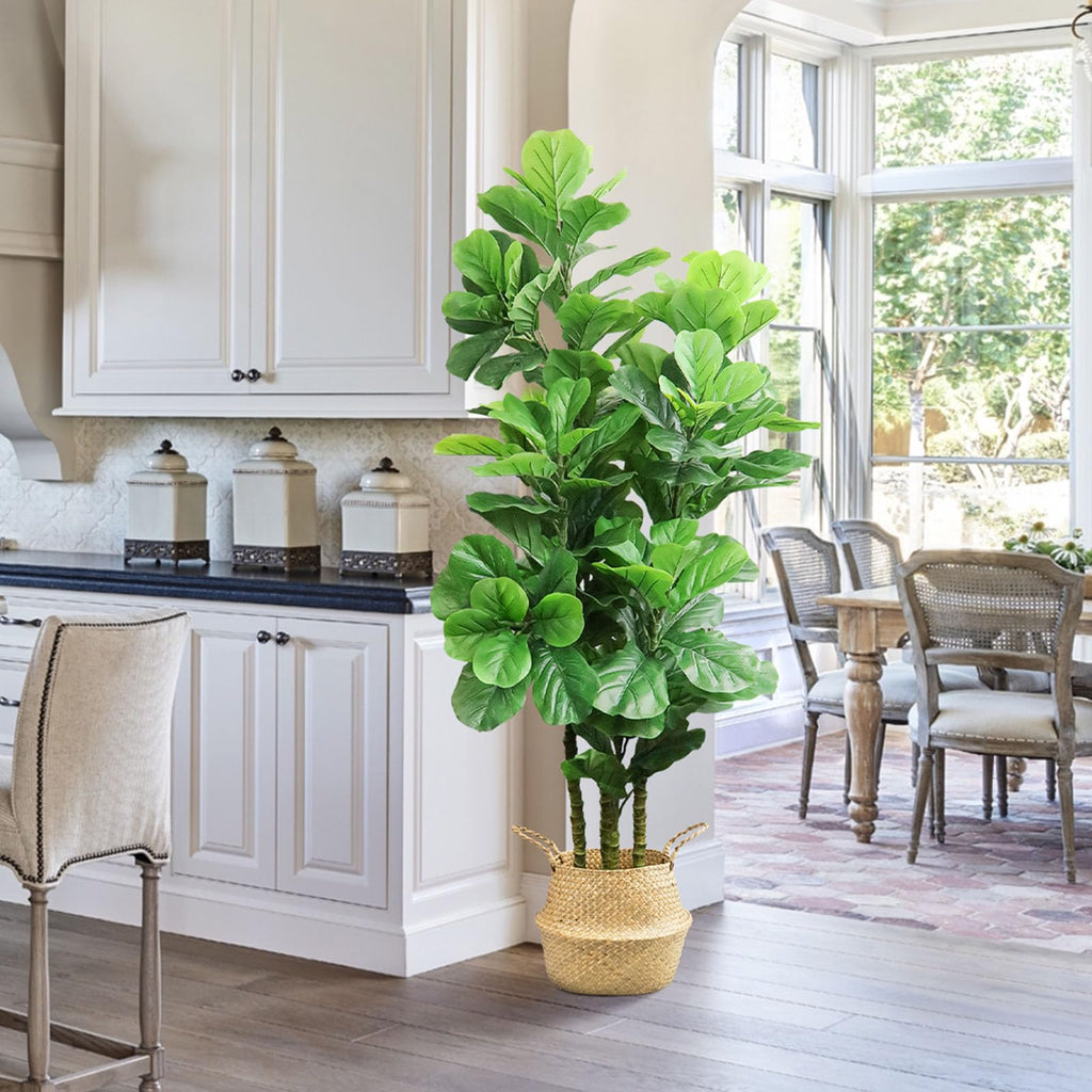 Artificial Fiddle Leaf Fig Tree, 6 FT Tall Artificial Tree with Woven Seagrass Plant Basket Fake Floor Plant in Pot