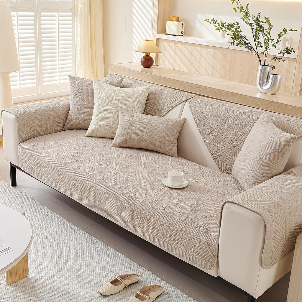 Boho Cotton Quilted Sofa Couch Cover Washable Soft Non Slip Sectional Couch Covers Floral Embroidery Sofa Slipcover