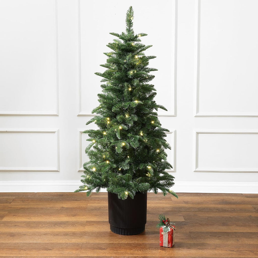 LuxenHome 4.5FT Prelit Slim Potted Christmas Tree