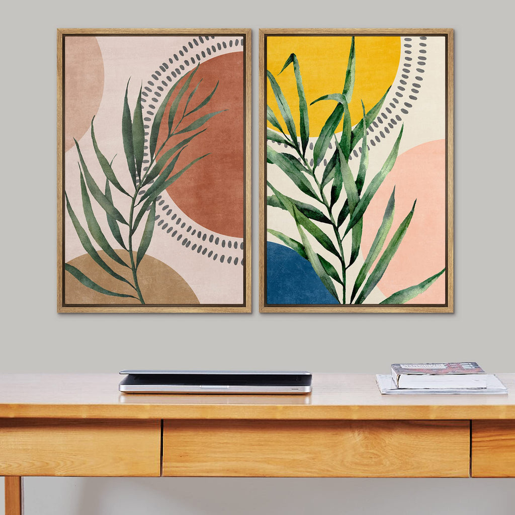 Framed Canvas Print Wall Art Set Geometric Mid-Century Circle Plants Abstract Shapes Illustrations Modern Art