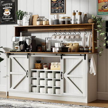 55" Farmhouse Coffee Bar Cabinet with Storage Hutch, White