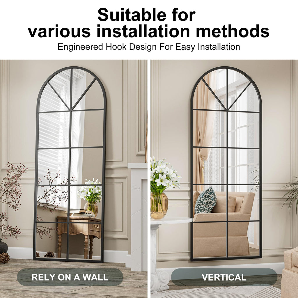 Arched Full Length Mirror, 65"x22" Windowpane Floor Mirror, Black