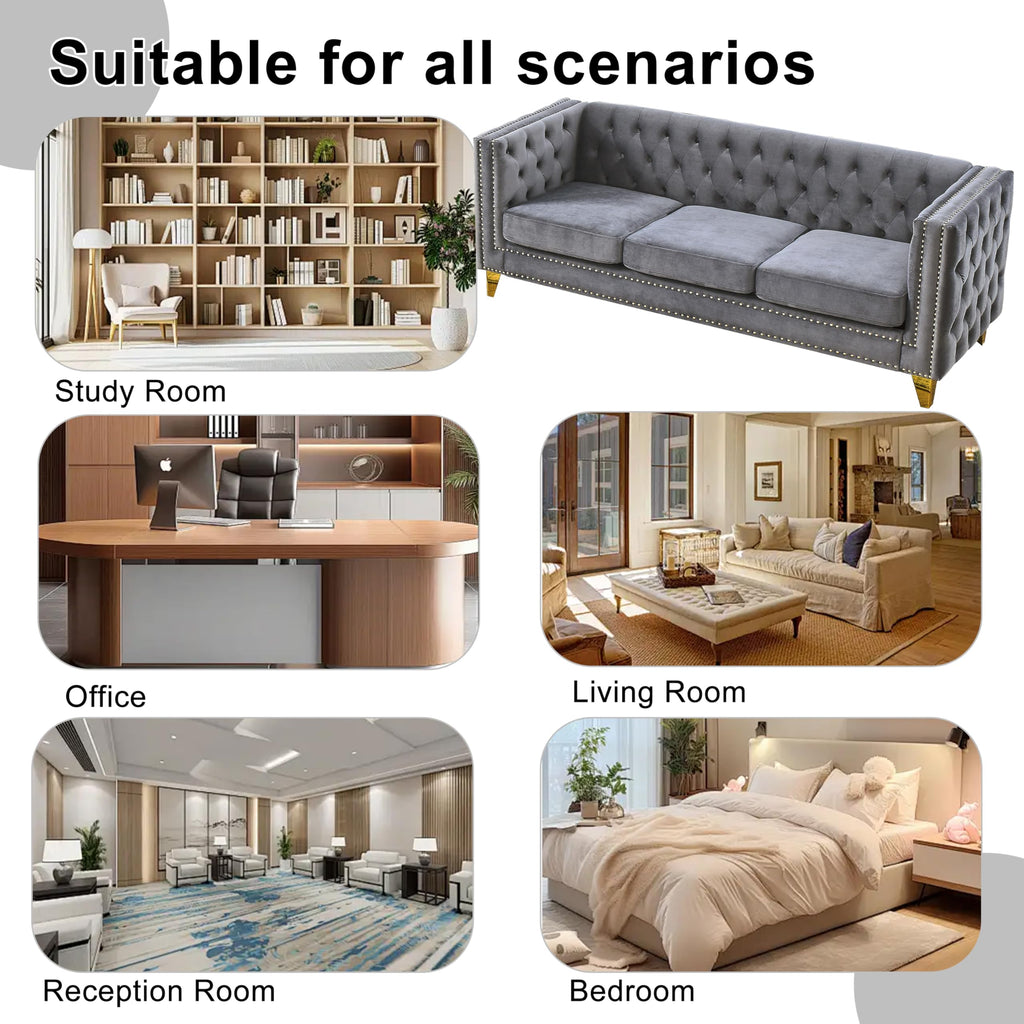 2 Piece Grey 81" 3-Seater Sofa Set, Buttons Tufted and Square Arm, Inlaid Gold Nail Heads and 4 Golden Metal Legs