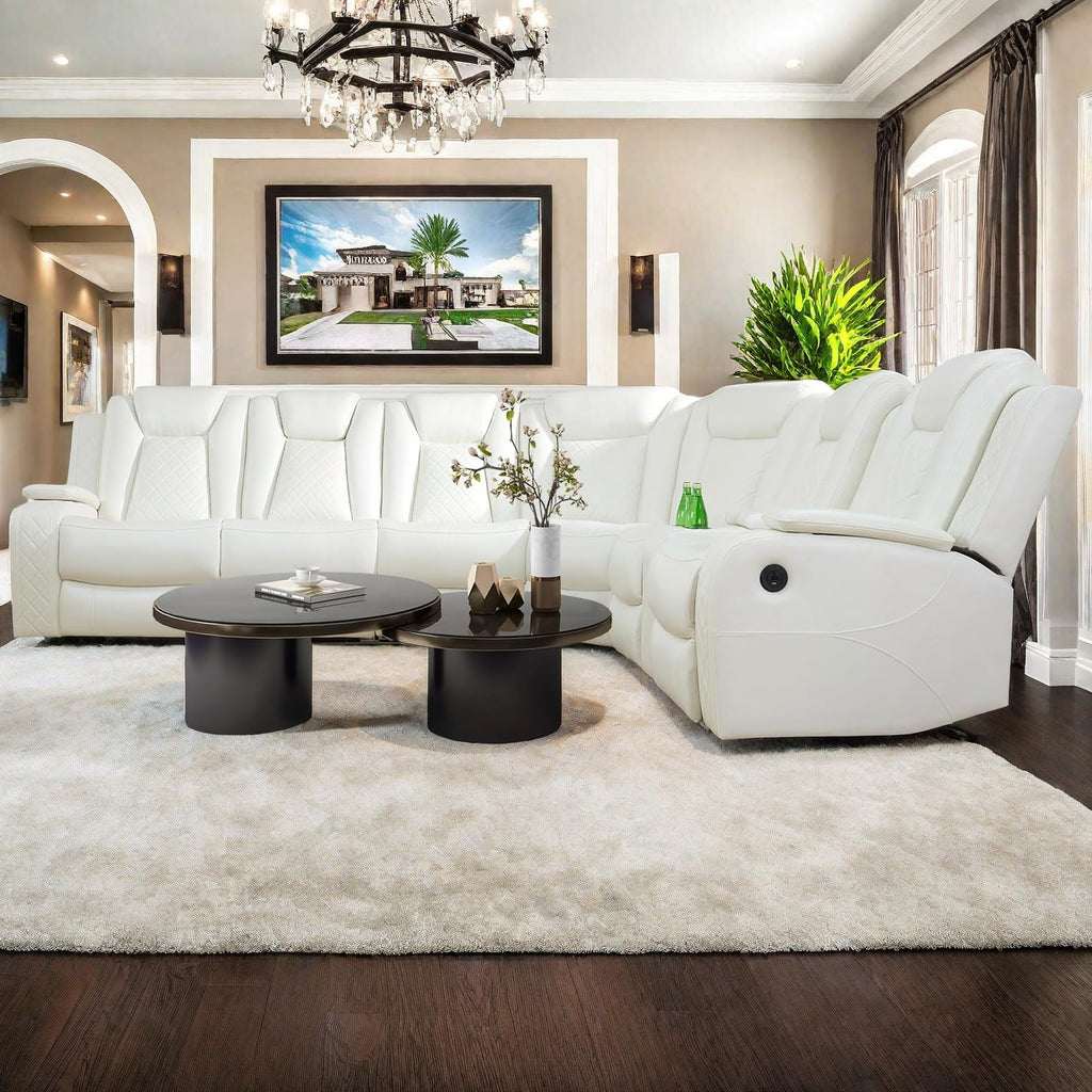 Power Recliner Sofa Sectional Sofa with LED Light, Air Leather Reclining Corner Sectional Sofa Set, Cup Holder