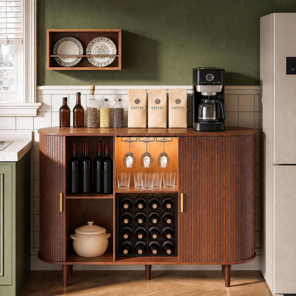 55" Wine Bar Cabinet with Storage, Fluted Liquor & Coffee Bar Cabinet with Wine Rack and Glass Holder, Buffet