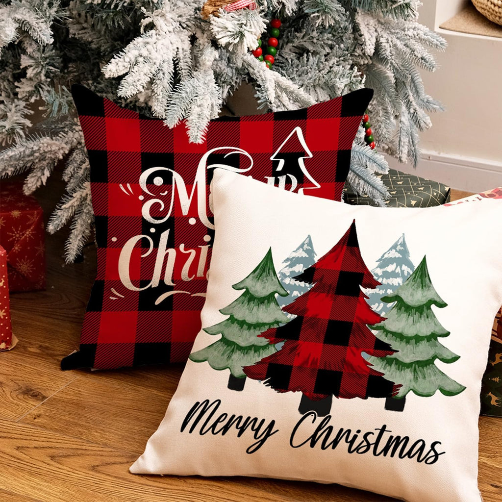 Merry Christmas Throw Pillow Covers 16x16 Inch Set of 4, Xmas Trees Truck Buffalo Plaid Believe Farmhouse Decorative