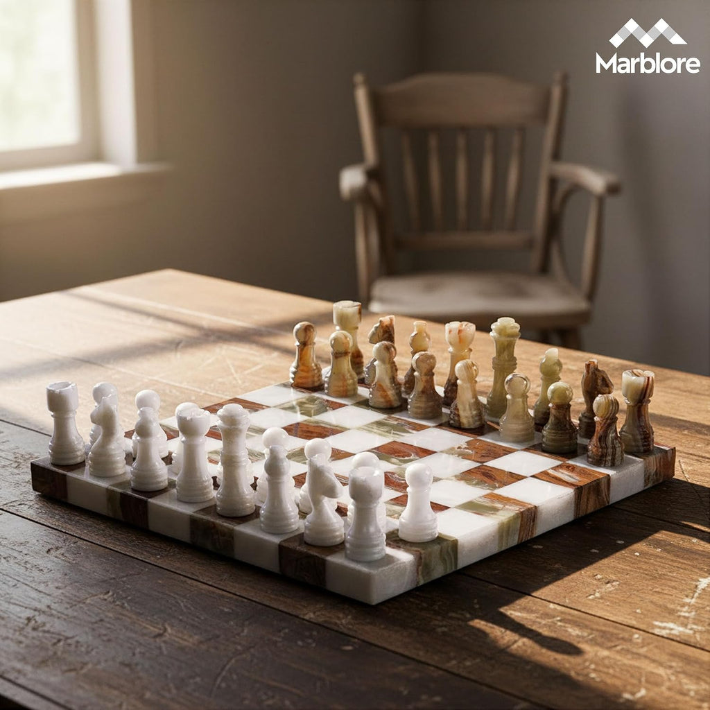 Marble Chess Set for Adults 10 Inch Handmade White and Green Luxury Decorative Chess Board with 32 Chess Pieces & 2 - Set of 34