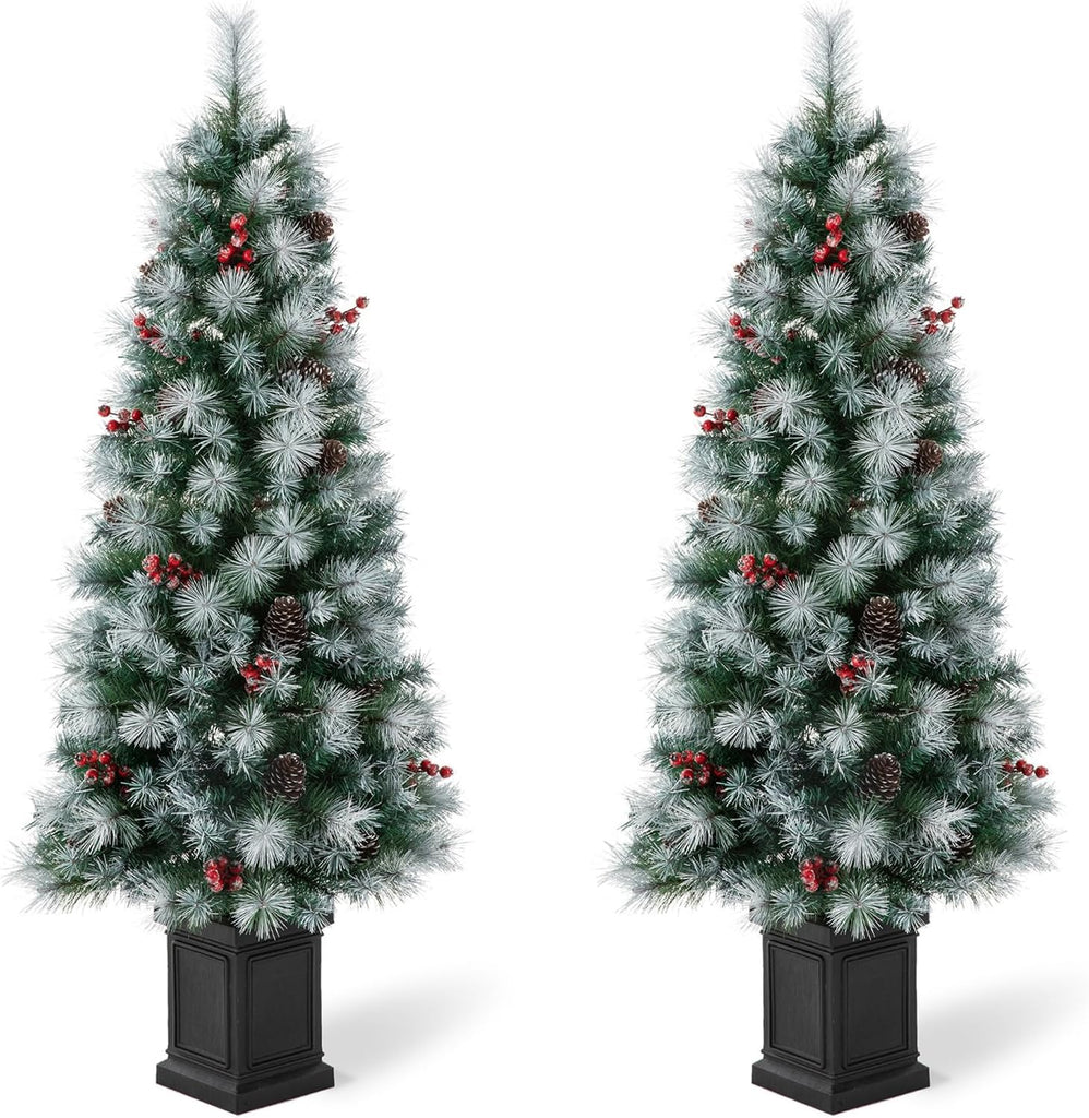 2PK 5ft Pre-Lit Christmas Tree with 150 Warm White Lights,Potted Artificial Christmas Tree w/286 Pine Needle&PVC