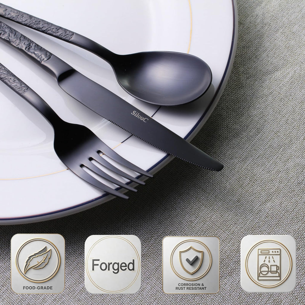 30-Piece Silverware Set, Black Hammered Flatware, Dishwasher Safe