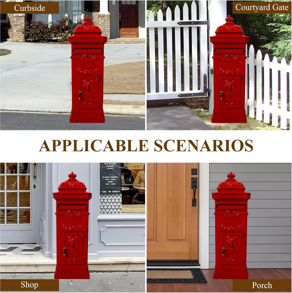 Vintage Large-Capacity Cast Aluminum Mailbox, Outdoor Weatherproof Floor Standing Postbox