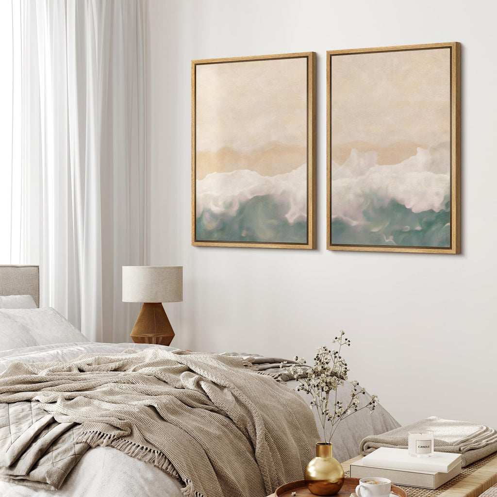 Framed Canvas Print Wall Art Set Soft Coastal Wave Abstract Pastel Illustrations Modern Art Decorative Bohemian