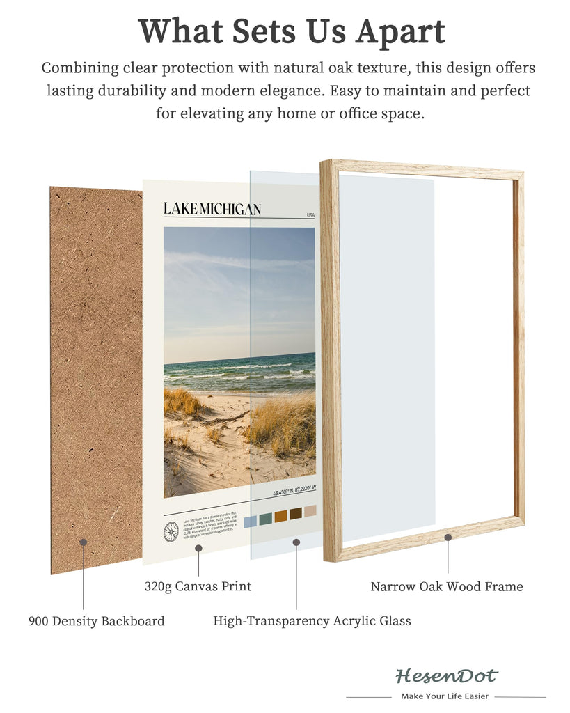 Natural OAK Wood Lake Michigan Framed Wall Art, 12x16in Natural Scenery Canvas Wall Print, Classic Urban City Landmark