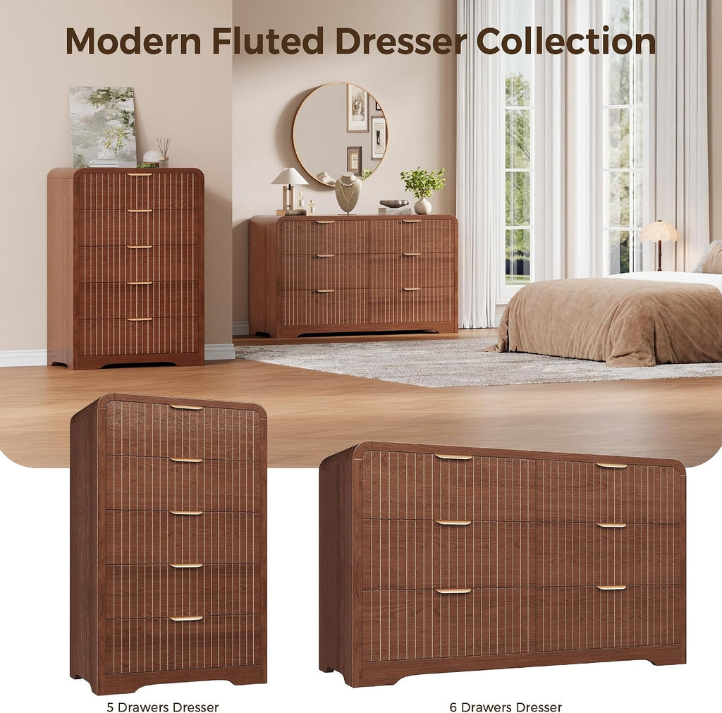 Fluted 5 Drawer Dresser, 43" Tall Dresser Chest of Drawers Curved Profile Design, Wood Mid Century Vertical Dresser