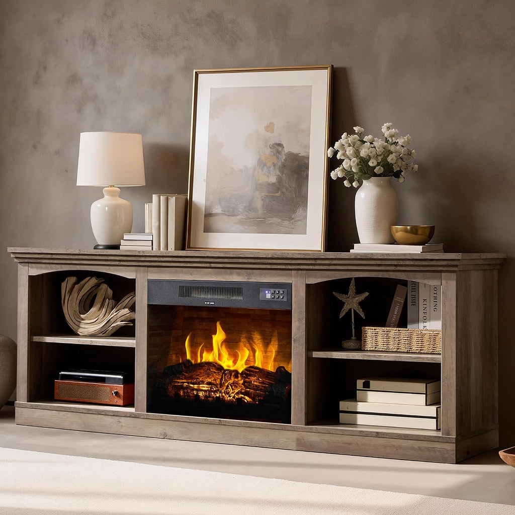 70 Inch Fireplace TV Stand for TVs up to 80", Farmhouse Entertainment Center with 23" Electric Fireplace One-Box