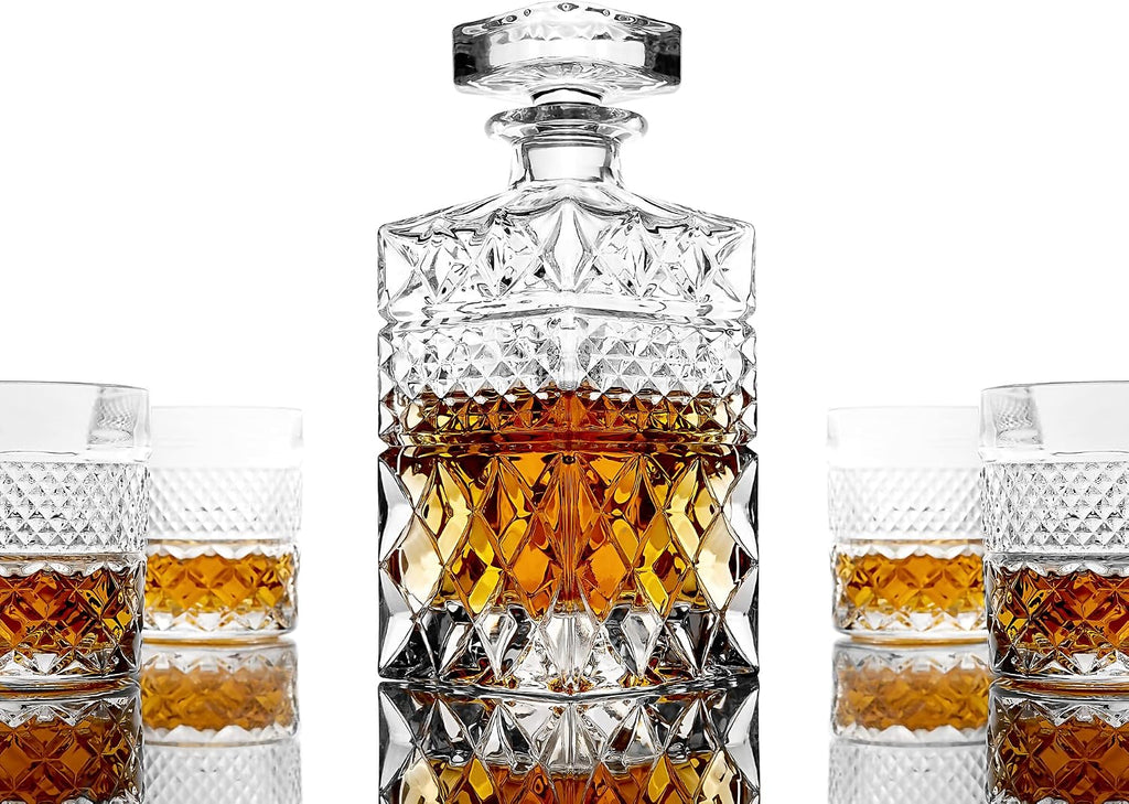 Whiskey Decanter Gift Set with 4 Cocktail Glasses & Handcrafted Granite Whiskey Chilling Stones - Whisky Carafe Glass - Set of 7