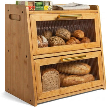 Extra Large Bamboo Countertop, Double Layer Wooden Breadbox Holds Multiple Loaves of Homemade Bread, 16.5 Inch